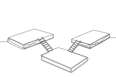 Tek sıra halinde merdivenlerle birbirine bağlı üç büyük kitap çiziyor. Sergi sahnesi. Kitapları sergilemek için Booth. Uzayda kitap festivali. Galaksi sahnesi. Bir çizgi tasarımı vektör illüstrasyonu