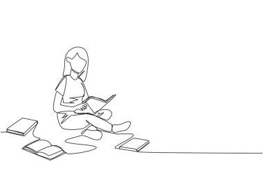 Bir satırda kütüphanede rahatça oturup kitap okuyan bir kadın çiziyor. Görevlerin cevaplarını arıyorum. Hobi okuma. Kitap festivali konsepti. Devamlı çizgi tasarımı grafik çizimi
