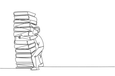 Çok yüksek bir kitap yığınına sarılan tek sıra halinde bir adam. Kitap toplama ve okuma hobisi. Boş zamanı yararlı şeylerle doldurmak. Okumayı seviyorum. Bir çizgi tasarımı vektör illüstrasyonu