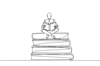 Sürekli bir satır çizen robot oturup kitap yığınları üzerinde kitap okuyarak rahatlıyor. Kurgu kitabı okurken rahatla. Hikayenin tadını çıkar. Kitap festivali konsepti. Tek çizgi çizimi tasarım vektör çizimi