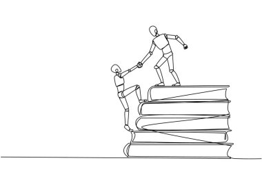 Robotun çizdiği tek satır, ortağının kitap yığınına tırmanmasına yardımcı oluyor. Birlikte başarmak için birbirimize yardım etme kavramı. Bilgi kaynağı kitabı. Kitap festivali. Devamlı çizgi tasarımı grafik çizimi