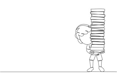 Tek sıra halinde çizen çocuk uzun bir kitap yığını taşıyor. Bir kitapçıdan yeni alınmış bir kitap. Evde teker teker kitap okuyun. Aşk okuması. Bir çizgi tasarımı vektör illüstrasyonu