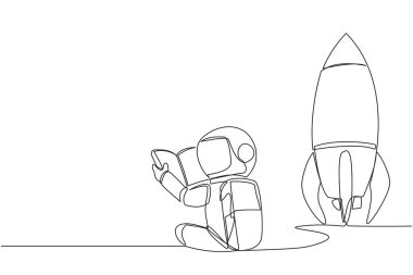 Sürekli bir satır roketin yanında kitap okuyarak oturuyor. Ay 'a uçmadan önce tam rehberi oku. Keşif gezisi. Kitap festivali konsepti. Tek çizgi çizimi tasarım vektör çizimi