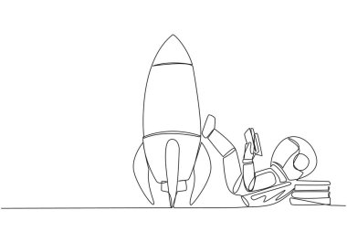 Kitap okurken astronotun sırtüstü yattığı tek sıra. Bir kurgu kitabı okuyarak gerginliği yok et. Çok iyi bir alışkanlık. Uzay kitabı festivali. Bir çizgi vektör illüstrasyonu