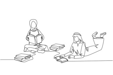 Aralıksız çizilen bir çizgi, Arap erkek kadın okumayı çok seviyor. Her gün bir kitap okunuyor. İyi alışkanlık. Kitap okumadan bir gün bile geçmez. Kitap festivali konsepti. Tek çizgi çizme tasarım vektörü
