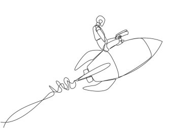 Tek sıra halinde roket okuma kitabı üzerinde akıllı robot uçuşu çiziyor. Her yerde kitap okurdu. Kitap bilim adamı olmak için ilham veriyor. Kitap festivali. Bir çizgi tasarımı vektör illüstrasyonu