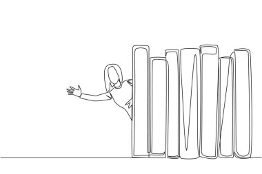 Bir satırda bir kadın, bir sıra kitabın arkasında beliriyor. Kütüphanede kitap okumak için davetiye. Kitap okumayı severim. Kitap festivali konsepti. Devamlı çizgi tasarımı grafik çizimi