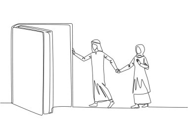 Tek sıra halinde, kitap şeklindeki kapıyı açan Arap bir kadın çiziyor. Kitaplar zihnini açıp her yeri görebilir. Daha geniş dünya hakkındaki bilgiyi çoğalt. Kitap festivali. Aralıksız çizgi grafik çizimi