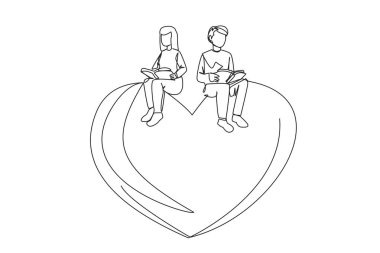 Tek sıra halinde, koca bir kalbe oturan bir adam çiziyor. Romantik kurgu kitapları okuyorum. Hikayenin tadını çıkar. Hobi olarak hikaye kitapları okurum. Kitap festivali konsepti. Aralıksız çizgi grafik çizimi