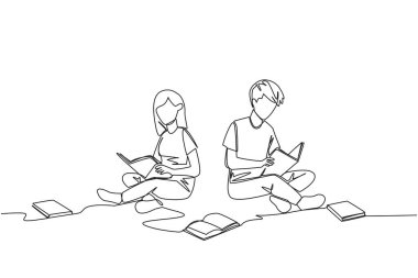 Tek sıra halinde kütüphanede rahatça oturup kitap okuyan erkek kadın çiziyor. Görevlerin cevaplarını arıyorum. Hobi okuma. Kitap festivali konsepti. Bir çizgi tasarımı vektör illüstrasyonu