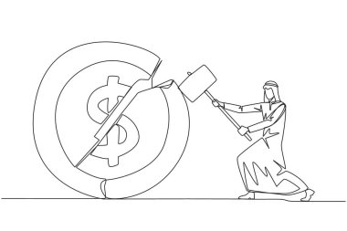 Arap işadamının dolar sembolü ile madeni paraya vurmaya hazırlandığı bir satır devam ediyor. Yeni yatırımcı bulamadı. Gelir elde edemedi. Öfkeni ifade et. Tek çizgi çizimi tasarım vektör çizimi
