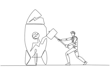 Devamlı bir çizgi halinde işadamı ayakta duran bir roketi vurmaya hazırlanıyor. Öfke. Yeni teknolojiyi kabul etmeye hazır değilim. Yarışmaya hazır değilim. Kaybettim. Tek çizgi çizimi tasarım vektör çizimi