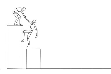 Akıllı robot çizen tek bir çizgi iş arkadaşının büyük çubuk grafiğine tırmanmasına yardımcı olur. Yükseğe tırmanmaya yardımcı olur. İlerleyin ve birlikte başarın. Takım çalışması. Devamlı çizgi tasarımı grafik çizimi