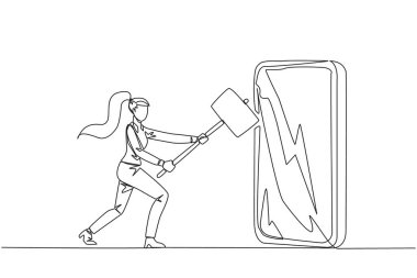 Devamlı tek sıra halinde, iş kadını büyük akıllı telefona saldırmaya hazırlanıyor. Öfke. Teknoloji düzgün kullanılmazsa yıkıcı olabilir. Zeka gereklidir. Tek çizgi çizimi tasarım vektör çizimi