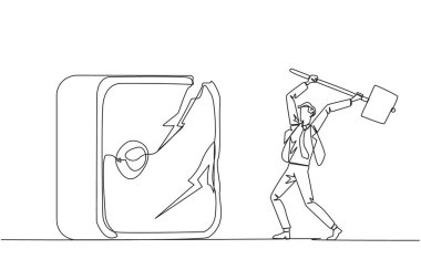 Tek sıra halinde büyük bir kiralık kasayı soymaya hazırlanan bir işadamı. Patron onu çekiçle yok etmek istiyor. Kızgın iş adamı. Dosyayı kaybediyorum. Bir çizgi tasarımı vektör illüstrasyonu