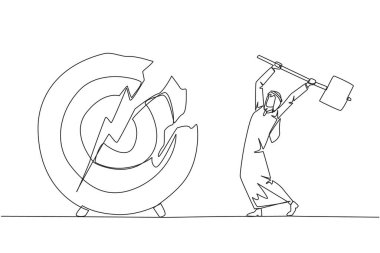 Tek sıra halinde, Arap işadamı büyük bir ok tahtasını vurmaya hazırlanıyor. Öfke. Odaklanamadım, söz verilen ödülü alamadım. Çılgınlık. Devamlı çizgi tasarımı grafik çizimi