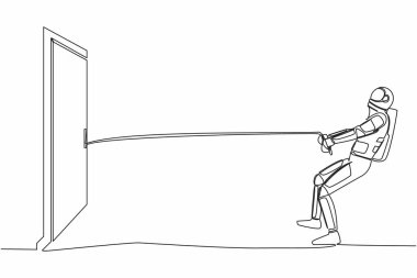 Devam eden bir çizgi, genç astronotun sürükleme kapısına halat çekmesi, büyük bir sorunla yüzleşmenin metaforu. Uzay keşfi mücadelesi. Kozmonot uzayı. Tek çizgi grafik tasarım vektör çizimi