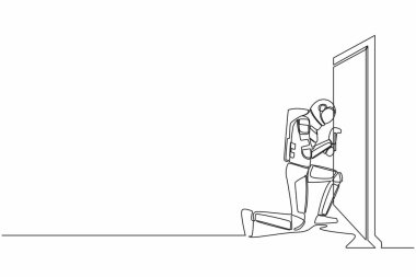 Tek sıra halinde astronotlar tornavidayla kapı tokmağını çekiyorlar. Uzaylı tamircisi kırık kapı tokmağını tamirci aletiyle tamir etmiş. Uzayın derinliklerinde kozmonot. Bir çizgi grafik tasarım vektör çizimi