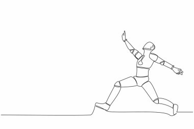 Bir çizgi çizerek iki bacağını ayıran ve bir elini kaldıran mutlu robot zıplaması. Gelecekteki yapay zeka. Modern teknoloji endüstrisi. Aralıksız çizgi grafik tasarım vektörü çizimi
