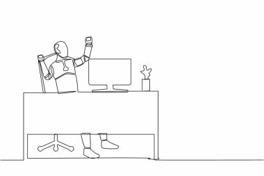 Sürekli bir çizgi çizerek mutlu bir robot işyerinde oturuyor ve bir elini kaldırıp diğerini kaldırıyor. İnsansı sibernetik organizma. Geleceğin robotu. Tek çizgi çizimi tasarım vektör çizimi