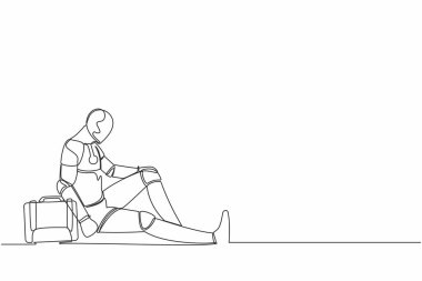 Sürekli yerde umutsuzca oturan çantalı depresif robotu çiziyor. Üzücü bir jest ifadesi. İnsansı sibernetik organizma. Geleceğin robotu. Tek çizgi tasarım vektör çizimi