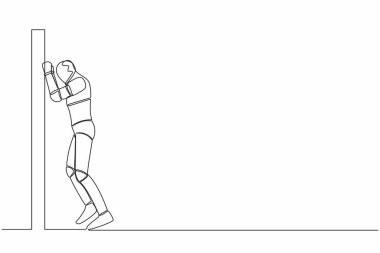 Aralıksız tek sıra halinde ağlayan bir robot, kaybedilmiş bir fırsat. Duvarda feryat figan ağlayıp işini kaybetmekten bunalmış. Geleceğin teknolojisi. Makine öğrenme süreci. Bir çizgi çizimi tasarım vektörü illüstrasyonu