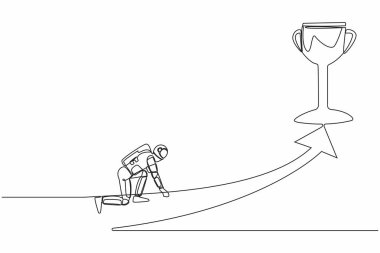 Genç astronotları çeken bir çizgi devam ediyor. Koşmaya ve kupayı almaya hazırlan. Uzay gemisi galaktik yolculuğunu planlıyorum. Kozmonot uzayı. Tek çizgi çizimi grafik tasarım vektörü çizimi