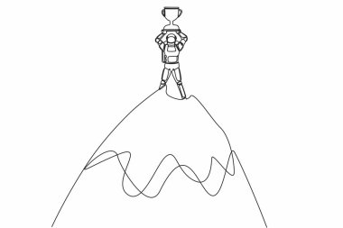 Tek sıra halinde astronot yüksekteki dağın tepesinde kupa kaldırıyor. Uzay solucan deliği araştırmalarında başarı ve hedefe ulaşma. Kozmik galaksi uzayı. Devamlı çizgi çizimi tasarım vektörü illüstrasyonu