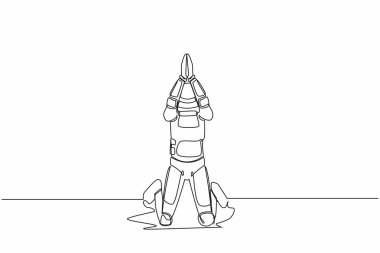 Tek sıra halinde genç astronotlar diz çöküp ay yüzeyinde dua ediyorlar. Uzay gemisi roketinin fırlatılmasında başarılı olmayı umuyoruz. Kozmik galaksi uzayı. Aralıksız çizgi çizimi grafik tasarım vektörü çizimi