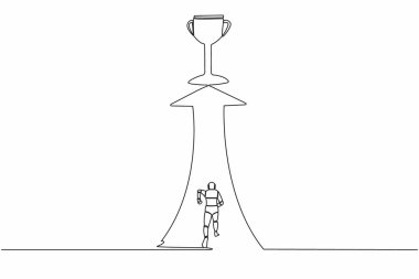 Devamlı bir robot çizimi koşuyor ve kupa için uzanıyor. Konsepti kazanma yeteneği. İnsansı sibernetik organizma. Geleceğin robotik gelişimi. Tek çizgi çizimi tasarım vektörü grafik çizimi