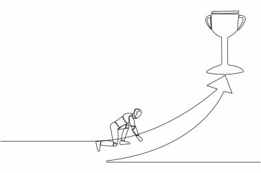 Devamlı çizilen robot çizimleri hızla koşmaya ve kupayı almaya hazır olun. İnsansı robot sibernetik organizma. Geleceğin robotik geliştirme yarışması. Tek çizgi tasarım vektör grafik çizimi