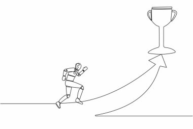 Kupa almak için ileri ok üzerinde koşan tek bir robot çizgisi. Robot yapay zeka teknolojisi. Elektronik teknoloji endüstrisi. Bir çizgi grafik tasarım vektör çizimi