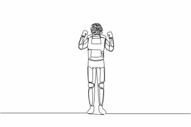 Kafası yerine yuvarlak karalamalarla astronot çizen tek sıra. Kızgın robot yumruğunu kaldırdı ve çığlık çığlığa bağırdı. Uzayın derinliklerinde kozmonot. Bir çizgi grafik tasarım vektör çizimi