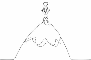 Tek sıra halinde robot, yüksek dağın tepesinde kupayı kaldırıyor. Başarı, hedef, başarı. Geleceğin teknoloji gelişimi. Makine öğrenme süreci. Devamlı çizgi tasarımı vektör çizimi