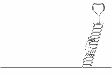 Bir çizgi robot kupa almak için merdiveni tırmanır. Başarmak için motivasyon. Geleceğin teknolojisi. Yapay zeka makinesi öğrenme süreci. Devamlı çizgi tasarımı grafik vektör illüstrasyonu