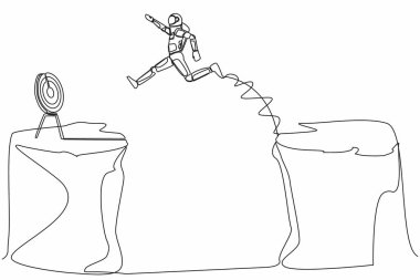 Genç astronotun hedefe ulaşmak için uçurumdan atlamasını sağlayan tek çizgi. Kozmik yolculukta risk alırken başarı hareketi. Kozmik galaksi uzayı. Aralıksız çizgi grafik tasarım vektörü çizimi
