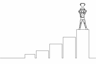 Astronotların kupa yükseltmek ve ulaşmak için tek sıra halinde grafik merdivenlere tırmanması. Yıldızlararası uzay gemisi yolculuğunda başarılıydı. Uzayın derinliklerinde kozmonot. Bir çizgi tasarımı vektör illüstrasyonu