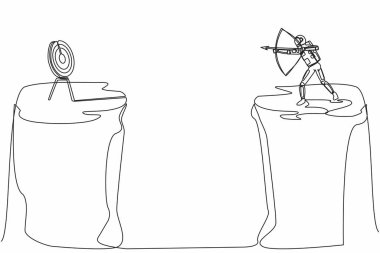 Sürekli bir çizgi halinde astronot elinde okçuyla uçurumun kenarında duruyordu. Uzay keşfi hedefi. Uzaylı başarılı olmaya zorlandı. Kozmonot uzayı. Tek çizgi tasarım vektör çizimi