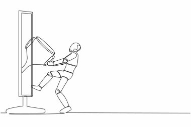 Devamlı bir çizgi robot bilgisayar ekranından kupa çıkarıyor. Yarışmayı kazanana ödül. İnsansı sibernetik organizma. Robot gelişimi. Tek çizgi çizimi tasarım vektör çizimi