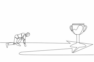 Tek sıra halinde yan görüş robotu kupa için koşmaya hazır. Vizyon görevi teknoloji işi. Yapay zeka makinesi öğrenme süreci. Aralıksız çizgi çizimi grafik tasarım vektörü çizimi