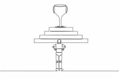 Devamlı bir çizgi üzerinde kupa bardağıyla merdivenin önünde duran bir robot çiziyor. Başarıya giden yol. İnsansı sibernetik organizma. Robot gelişimi. Tek çizgi tasarım vektör çizimi