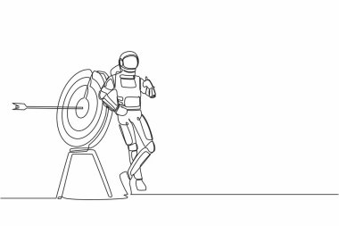 Sürekli olarak astronot çizen bir çizgi, parmaklarıyla hedefe dayanıyor. Başarılı bir yıldız gemisi seyahati ile mutlu. Kozmonot uzayı. Tek çizgi grafik tasarım vektör çizimi