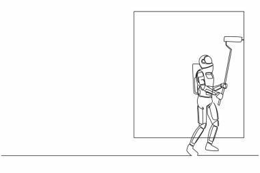 İş yerinde astronot ressamı çizen tek satır. Geleceğin dekorasyonu. Ay yüzeyinde ev tamiri hazırlığı. Kozmik galaksi uzayı. Devamlı çizgi çizimi tasarım vektörü illüstrasyonu