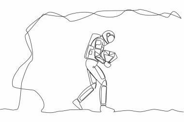 Ayın altından büyük elmaslar taşıyan genç astronot çizgileri devam ediyor. Galaktik uzay gemisi keşiflerinde başarı. Kozmonot uzayı. Tek çizgi grafik tasarım vektör çizimi
