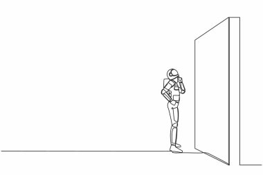 Astronotların Ay yüzeyindeki büyük bir engel ya da duvarın önünde sürekli bir düşünce çizgisi. Uzay keşif değerlendirmesi. Kozmonot uzayı. Tek çizgi çizimi grafik tasarım vektörü çizimi