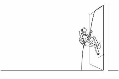 Sürekli bir çizgi halinde genç astronotlar Ay yüzeyinde halatla duvardan tırmanıyorlar. Uzay gemisi gezisinde meydan okuma var. Kozmonot uzayı. Tek çizgi çizimi grafik tasarım vektörü çizimi
