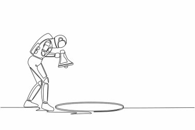 Genç astronotların çizdiği tek çizgi megafonla çukur deliğine doğru çığlık atıyor. Uzay adamı merak ediyor ve büyük bir deliğe bakıyor. Kozmik galaksi uzayı. Aralıksız çizgi çizimi grafik tasarım vektörü çizimi