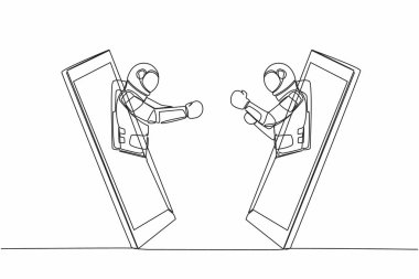 Tek sıra halinde, genç astronot boksörleri savaşa hazır bir şekilde akıllı telefondan çıkartıyor. Rekabetçi spor, tek dövüş. Uzayın derinliklerinde kozmonot. Bir çizgi çizimi grafik tasarım vektör çizimi