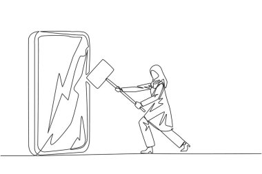 Tek sıra halinde, Arap iş kadını büyük akıllı telefona saldırmaya hazırlanıyor. Teknoloji düzgün kullanılmazsa yıkıcı olabilir. Zeka gereklidir. Bir çizgi tasarımı vektör illüstrasyonu