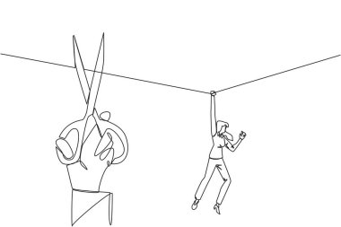 İpe asılı iş kadını çizen tek satır. İpi kesmek isteyen büyük bir el. Neredeyse işe yaramaz bir işi sürdürmek. Hainler tarafından engellendi. Devamlı çizgi tasarımı grafik çizimi